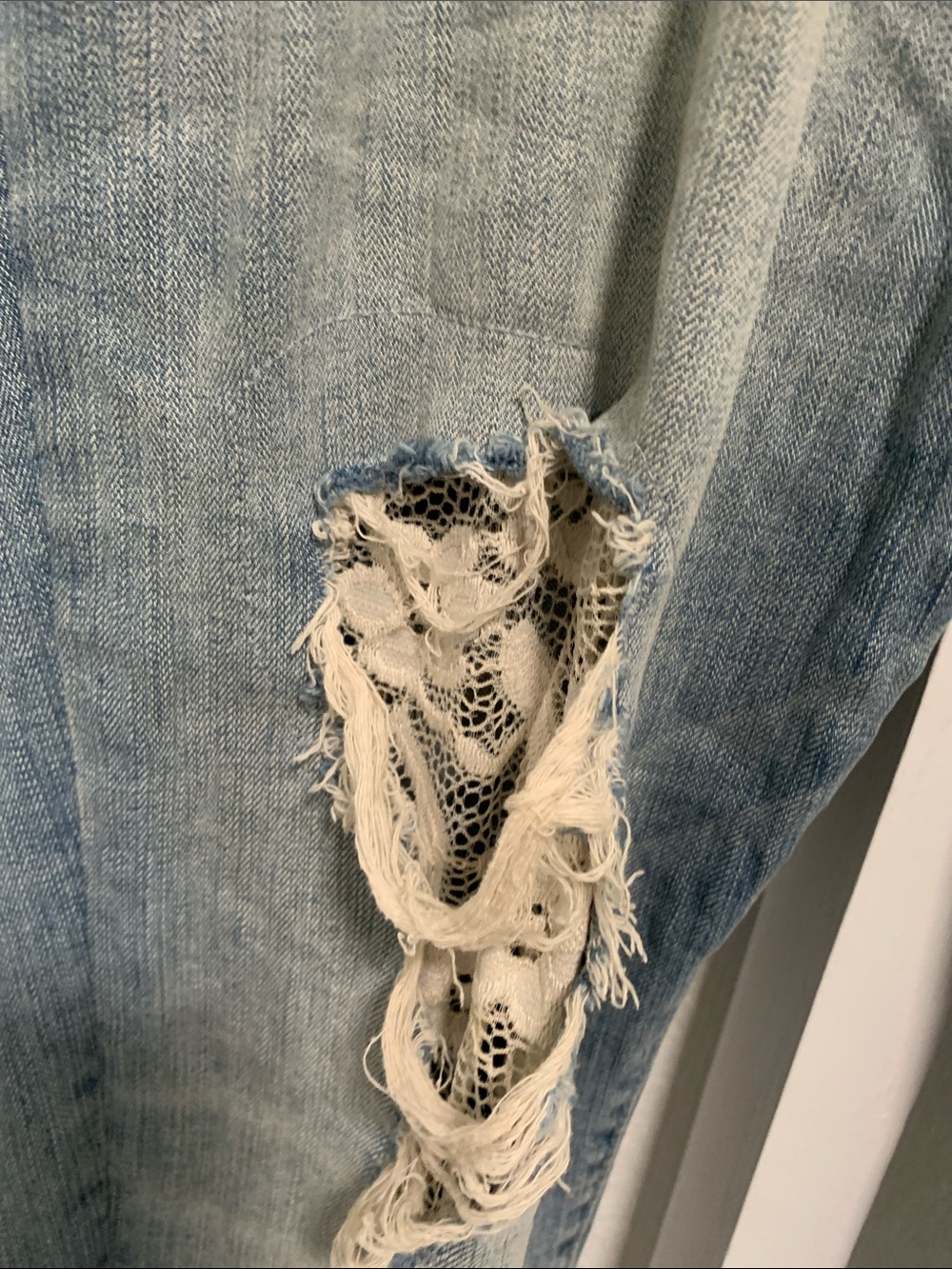 torrid Light Wash Blue Distressed Lace Panels Boyfriend Jeans - Picture 5 of 11